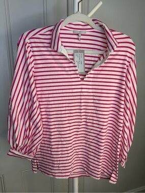 NWT HINSON WU BILLIE MAGENTA/WHITE Striped Collared V-Neck Top
